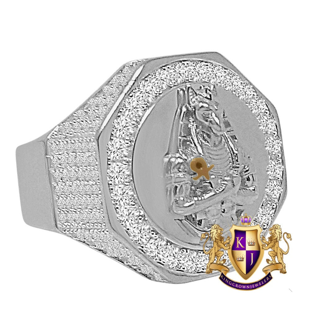 Big Men's Real Sterling Silver 14K Gold Over Simulated Diamond Egyptian God Anubis Ankh Cross Custom Ring Band (Adjustable Size 10 Up 12)