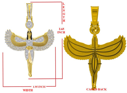 Real Genuine Diamond Ancient Egyptian Horus Sky Goddess God Isis Osiris Pendent 10K Gold Over Unisex Pharaoh Charm + Chain 25+ Grams 2.65''