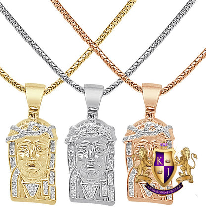 Mini Small 1.00'' Real Genuine Authentic Diamond Jesus Face Piece Cross Pendant 10K Gold Over Religious Unisex Charm Chain Set