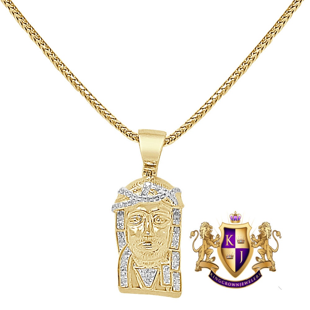 Mini Small 1.00'' Real Genuine Authentic Diamond Jesus Face Piece Cross Pendant 10K Gold Over Religious Unisex Charm Chain Set
