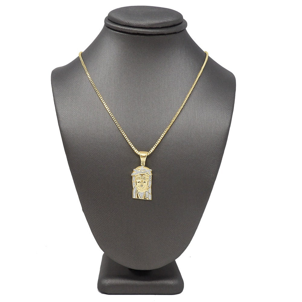 Mini Small 1.00'' Real Genuine Authentic Diamond Jesus Face Piece Cross Pendant 10K Gold Over Religious Unisex Charm Chain Set