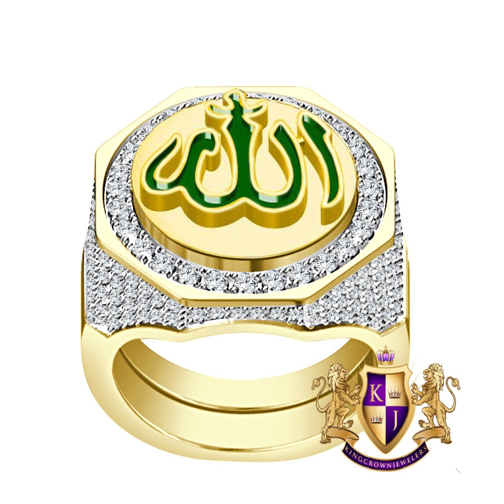 Men's Real Genuine Sterling Silver 14K Gold On Simulated Diamond Allah God Islamic Arabic Ring Big Bold 20mm Band (Adjustable Size 10 Up 12)