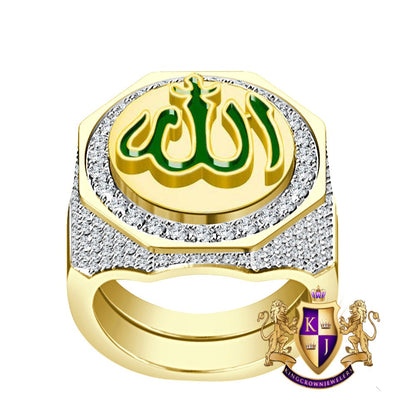 Men's Real Genuine Sterling Silver 14K Gold On Simulated Diamond Allah God Islamic Arabic Ring Big Bold 20mm Band (Adjustable Size 10 Up 12)