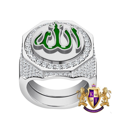 Men's Real Genuine Sterling Silver 14K Gold On Simulated Diamond Allah God Islamic Arabic Ring Big Bold 20mm Band (Adjustable Size 10 Up 12)