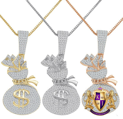 Real Genuine Sterling Silver 14K Gold Over Round Cut Simulated Diamond Cash Bills Money Bag Dollar Sign Unisex Pendent Charm Chain Set 2''