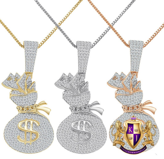 Real Genuine Sterling Silver 14K Gold Over Round Cut Simulated Diamond Cash Bills Money Bag Dollar Sign Unisex Pendent Charm Chain Set 2''