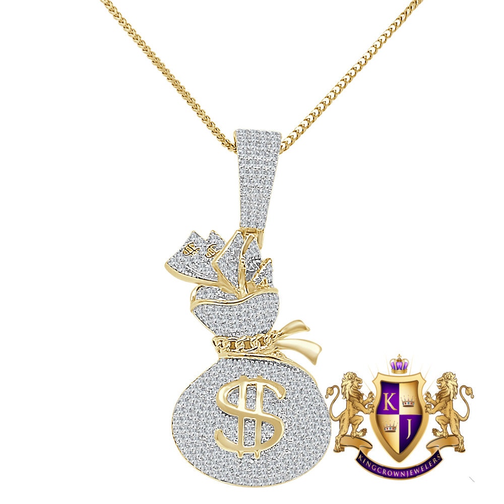 Real Genuine Sterling Silver 14K Gold Over Round Cut Simulated Diamond Cash Bills Money Bag Dollar Sign Unisex Pendent Charm Chain Set 2''