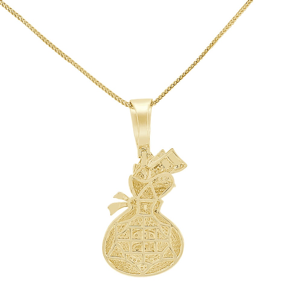 Real Genuine Sterling Silver 14K Gold Over Round Cut Simulated Diamond Cash Bills Money Bag Dollar Sign Unisex Pendent Charm Chain Set 2''