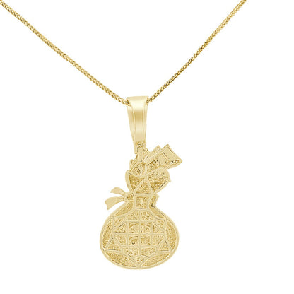 Real Genuine Sterling Silver 14K Gold Over Round Cut Simulated Diamond Cash Bills Money Bag Dollar Sign Unisex Pendent Charm Chain Set 2''