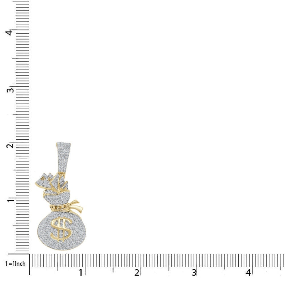 Real Genuine Sterling Silver 14K Gold Over Round Cut Simulated Diamond Cash Bills Money Bag Dollar Sign Unisex Pendent Charm Chain Set 2''