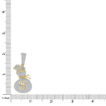 Real Genuine Sterling Silver 14K Gold Over Round Cut Simulated Diamond Cash Bills Money Bag Dollar Sign Unisex Pendent Charm Chain Set 2''