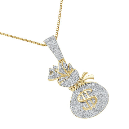 Real Genuine Sterling Silver 14K Gold Over Round Cut Simulated Diamond Cash Bills Money Bag Dollar Sign Unisex Pendent Charm Chain Set 2''