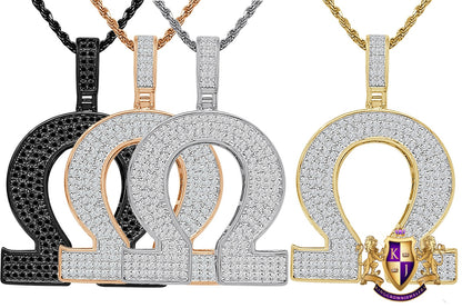 Real Genuine Sterling Silver 25+ Grams Omega Symbol Sign Greek Alphabet 4.00 Ct. Simulated Diamond 14K Gold On 3D Pendant Charm + Free Chain