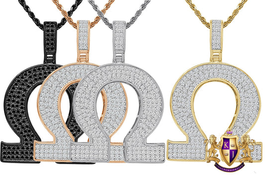 Real Genuine Sterling Silver 25+ Grams Omega Symbol Sign Greek Alphabet 4.00 Ct. Simulated Diamond 14K Gold On 3D Pendant Charm + Free Chain
