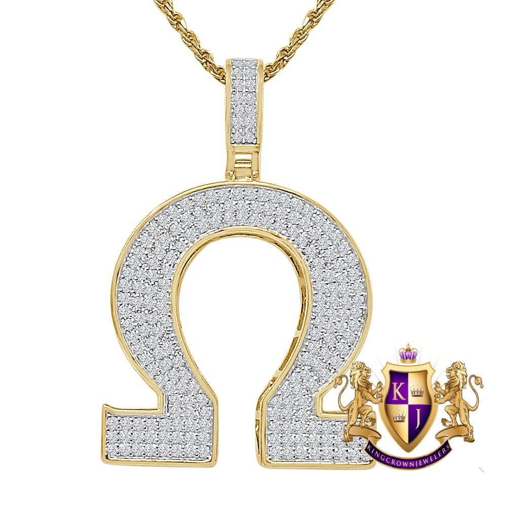 Real Genuine Sterling Silver 25+ Grams Omega Symbol Sign Greek Alphabet 4.00 Ct. Simulated Diamond 14K Gold On 3D Pendant Charm + Free Chain