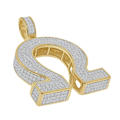 Real Genuine Sterling Silver 25+ Grams Omega Symbol Sign Greek Alphabet 4.00 Ct. Simulated Diamond 14K Gold On 3D Pendant Charm + Free Chain