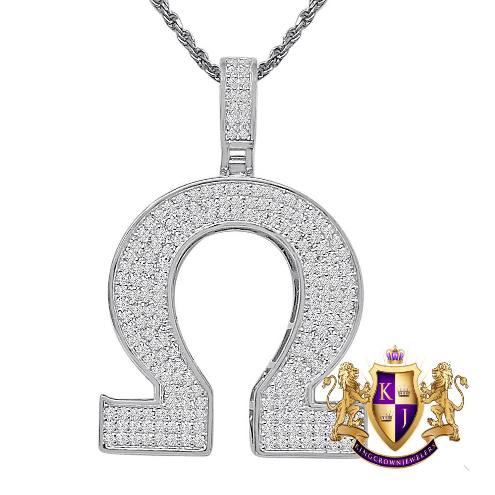 Real Genuine Sterling Silver 25+ Grams Omega Symbol Sign Greek Alphabet 4.00 Ct. Simulated Diamond 14K Gold On 3D Pendant Charm + Free Chain