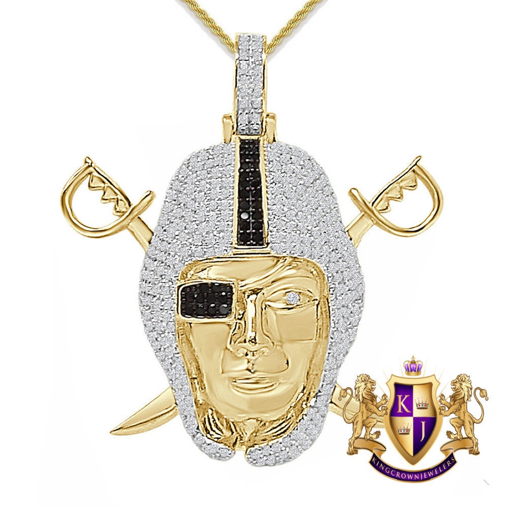Real Genuine Sterling Silver 26+ Grams 4.50 Cwt. Simulated Diamond 14K Gold Finish Oakland Raiders Sports Custom Pendant Charm + Free Chain