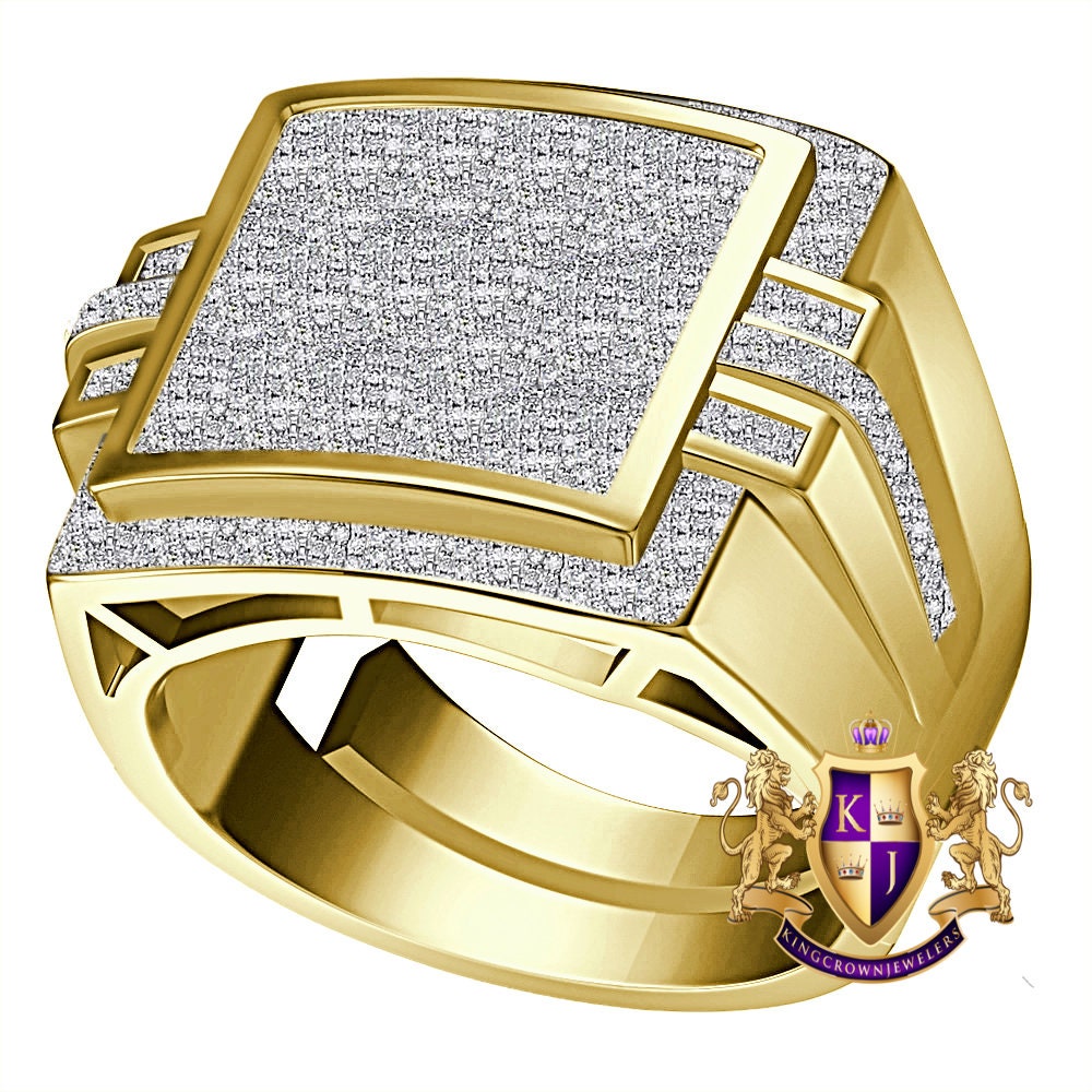 Real Genuine Authentic Diamond 0.85 Cwt. Milgrain Step Square Cluster 10K Yellow Gold Over Men's Pinky Ring Band (Adjustable 9.5 Up To 11)