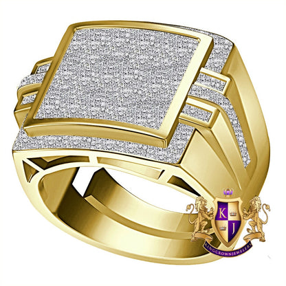 Real Genuine Authentic Diamond 0.85 Cwt. Milgrain Step Square Cluster 10K Yellow Gold Over Men's Pinky Ring Band (Adjustable 9.5 Up To 11)