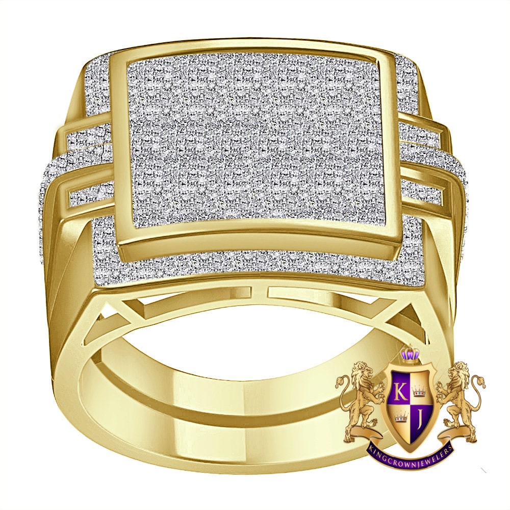 Real Genuine Authentic Diamond 0.85 Cwt. Milgrain Step Square Cluster 10K Yellow Gold Over Men's Pinky Ring Band (Adjustable 9.5 Up To 11)