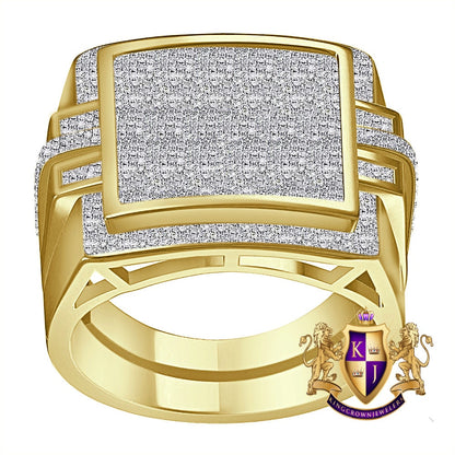Real Genuine Authentic Diamond 0.85 Cwt. Milgrain Step Square Cluster 10K Yellow Gold Over Men's Pinky Ring Band (Adjustable 9.5 Up To 11)