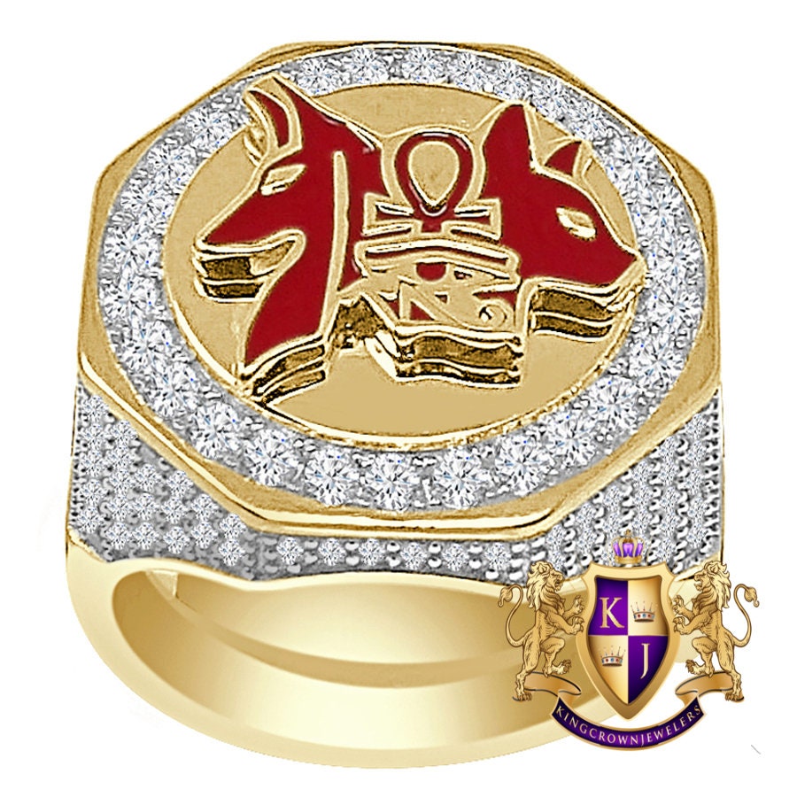 Men's Real Genuine Sterling Silver 14K Gold On Simulated Diamond Egyptian God Anubis Ankh Cross Pharaoh Ring Band (Adjustable Size 10 Up 12)