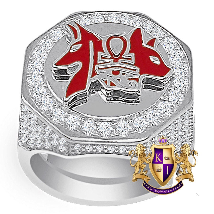 Men's Real Genuine Sterling Silver 14K Gold On Simulated Diamond Egyptian God Anubis Ankh Cross Pharaoh Ring Band (Adjustable Size 10 Up 12)