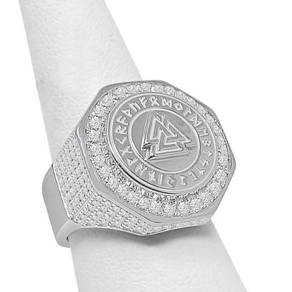 Men's Real Genuine Sterling Silver 14K Gold On Simulated Diamond Odin Norse Viking Valknut Triangle Ring Band (Adjustable Size 10 Up 12)