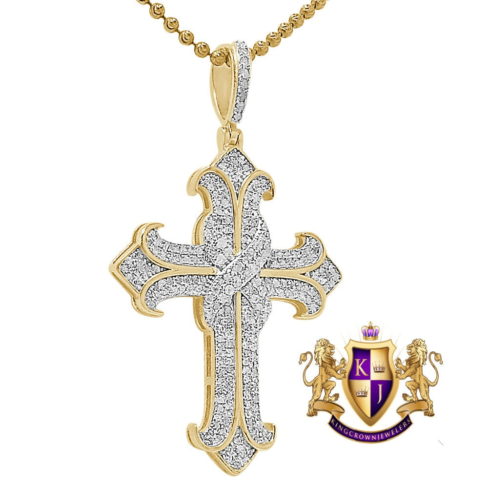 Real Genuine Authentic Diamond 1.25 Cwt. Jesus Cross Designer Pendant 10K Gold Over Religious Charm Chain Set 2''