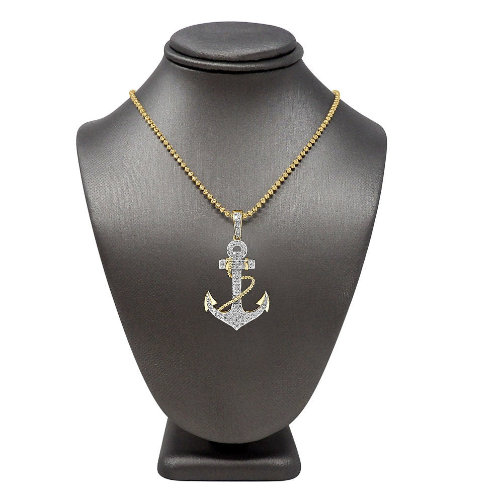 Real Genuine Authentic Diamond 1.00 Cwt. Jesus Anchored Mariner's Cross Pendant 10K Gold Over Religious Charm Chain Set 1.85''