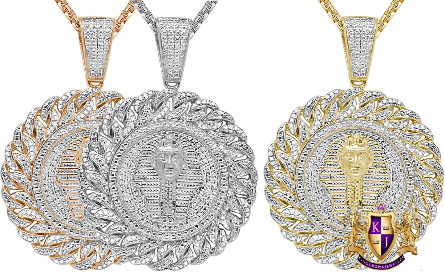 Real Genuine Authentic Diamond 0.50 Cwt. Egyptian Pharaoh King Tut Mummy 10k Gold Over Round Medallion Charm Pendant 2''