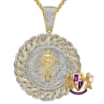 Real Genuine Authentic Diamond 0.50 Cwt. Egyptian Pharaoh King Tut Mummy 10k Gold Over Round Medallion Charm Pendant 2''