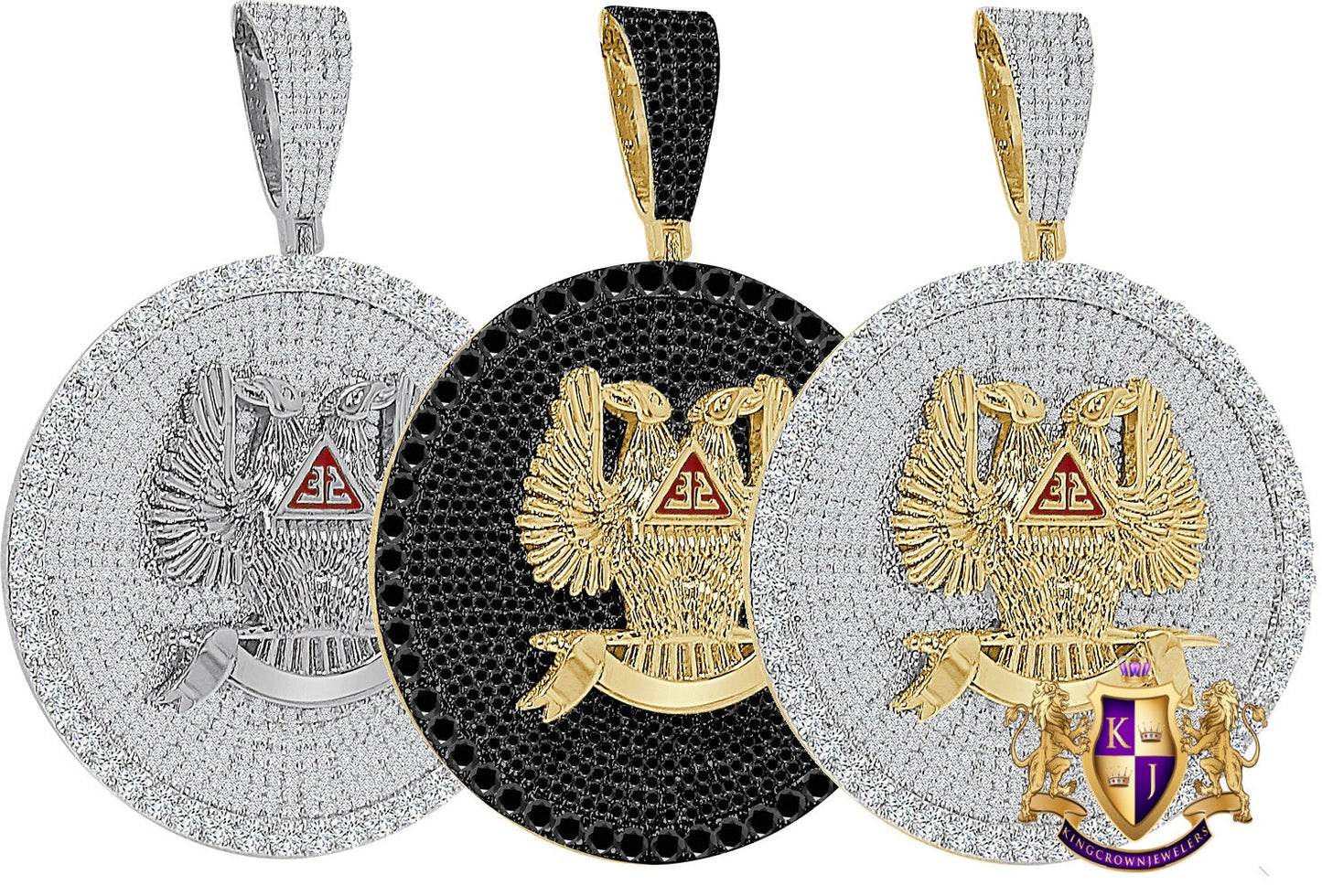 45+ Grams 3" 14K Gold On Simulated Diamond Double-Headed Eagle 32 Degree Masonic Scottish Rite Freemasonry Custom Pendent Charm Medallion