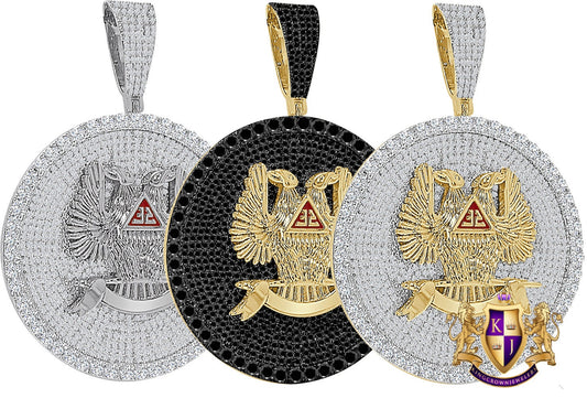 45+ Grams 3" 14K Gold On Simulated Diamond Double-Headed Eagle 32 Degree Masonic Scottish Rite Freemasonry Custom Pendent Charm Medallion