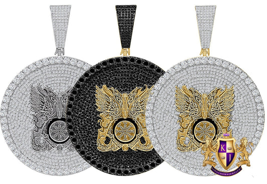45+ Grams XL 3" Custom Piece 14K Gold On Simulated Diamond Odin's Ravens Huginn Muninn Runic Viking Compass Vegvisir Pendent Charm Medallion