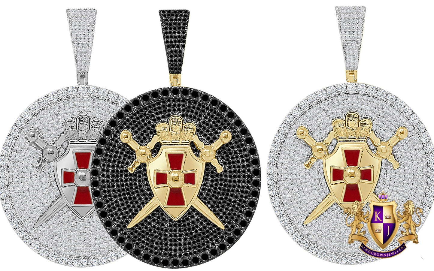 Men's 45+ Grams Big XL 3" 14K Gold Over Simulated Diamond Knights Templar Masonic Freemasonry Sword Shield Custom Pendent Charm Medallion