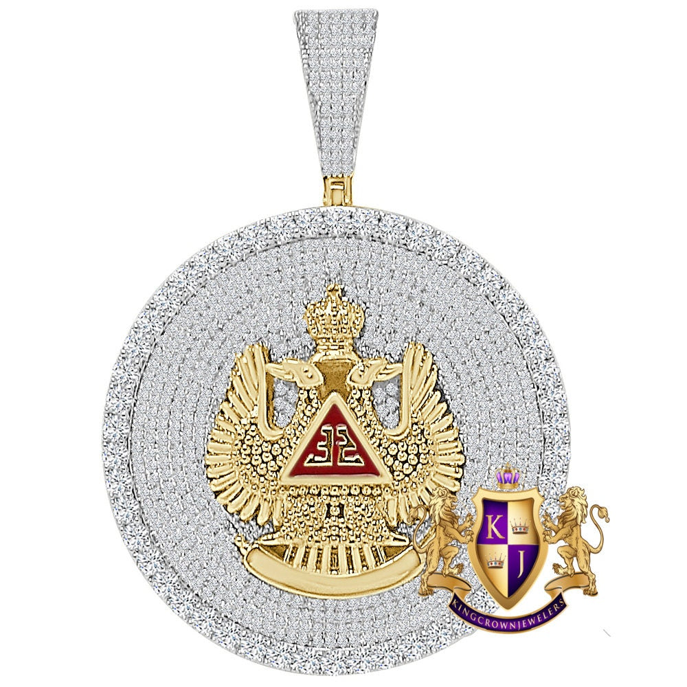 Men's 45+ Grams Big XL 3" Custom Piece 14K Gold Finish Simulated Diamond 32 Degree Masonic Scottish Rite Freemasonry Pendent Charm Medallion