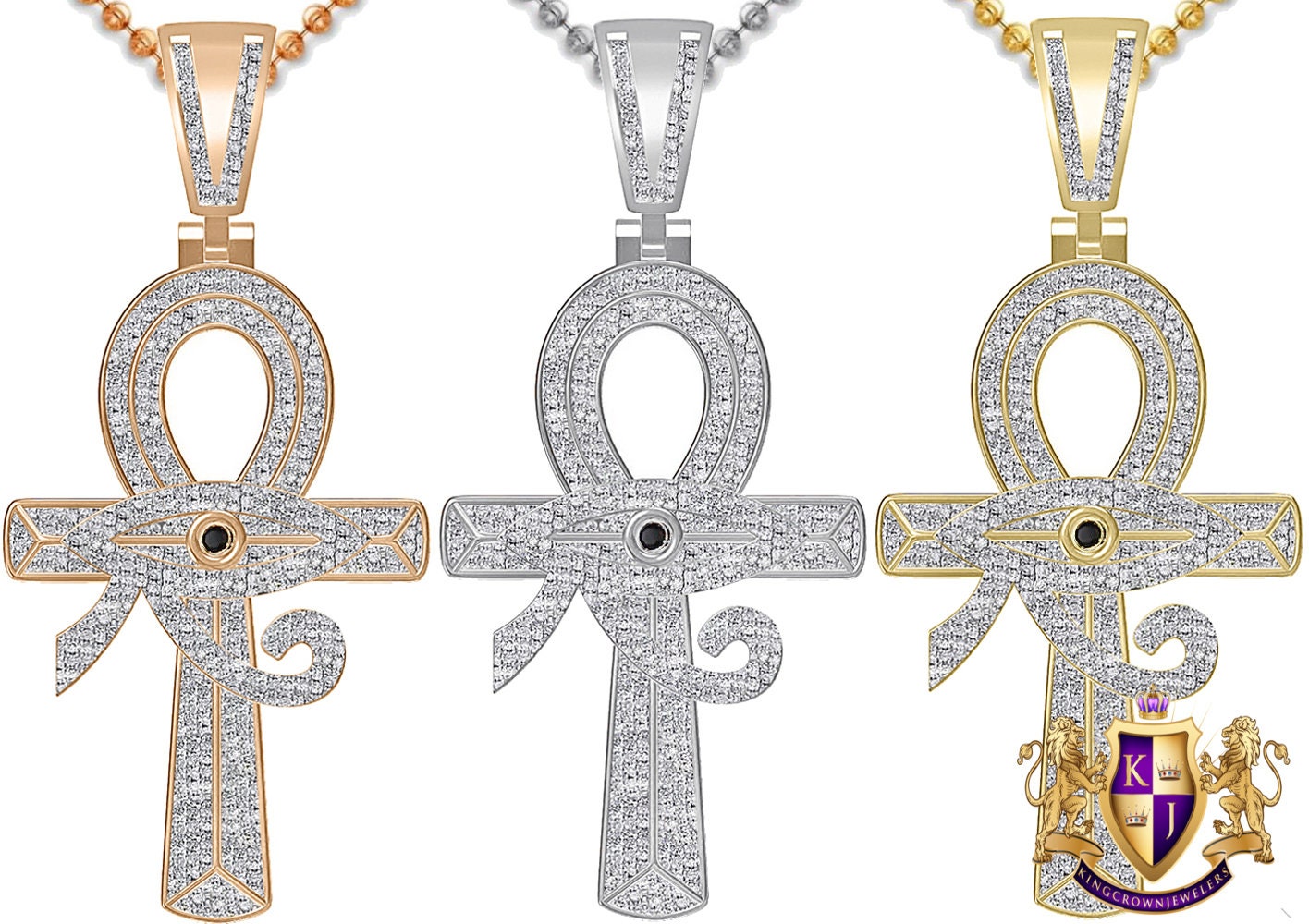 Real Genuine Authentic Diamond Ancient Egyptian Ankh Cross Horus Evil Eye Of Ra Pendent 10K Gold Over Unisex Pharaoh Charm Chain Set 2''