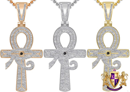 Real Genuine Authentic Diamond Ancient Egyptian Ankh Cross Horus Evil Eye Of Ra Pendent 10K Gold Over Unisex Pharaoh Charm Chain Set 2''