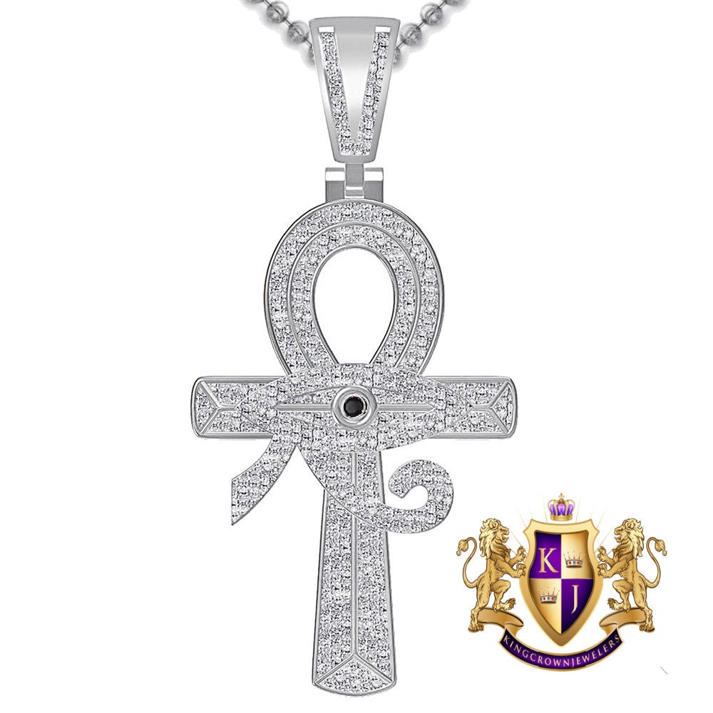 Real Genuine Authentic Diamond Ancient Egyptian Ankh Cross Horus Evil Eye Of Ra Pendent 10K Gold Over Unisex Pharaoh Charm Chain Set 2''