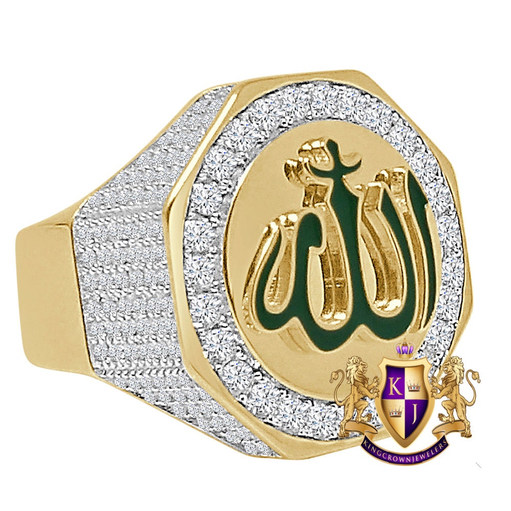Men's Real Genuine Sterling Silver 14K Gold On Simulated Diamond Allah God Islamic Arabic Ring Big Bold 20mm Band (Adjustable Size 10 Up 12)