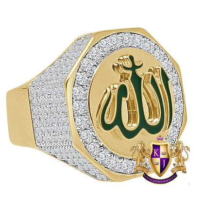Men's Real Genuine Sterling Silver 14K Gold On Simulated Diamond Allah God Islamic Arabic Ring Big Bold 20mm Band (Adjustable Size 10 Up 12)