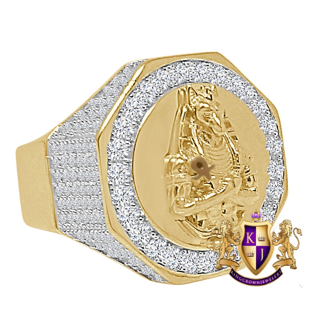 Big Men's Real Sterling Silver 14K Gold Over Simulated Diamond Egyptian God Anubis Ankh Cross Custom Ring Band (Adjustable Size 10 Up 12)