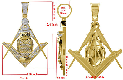 Real Genuine Diamond 0.60 Cwt. 24+ Grams Professor Owl Midnight Freemasonry Masonic G Compass Charm 10K Gold On Custom Pendent + Chain 2.5''