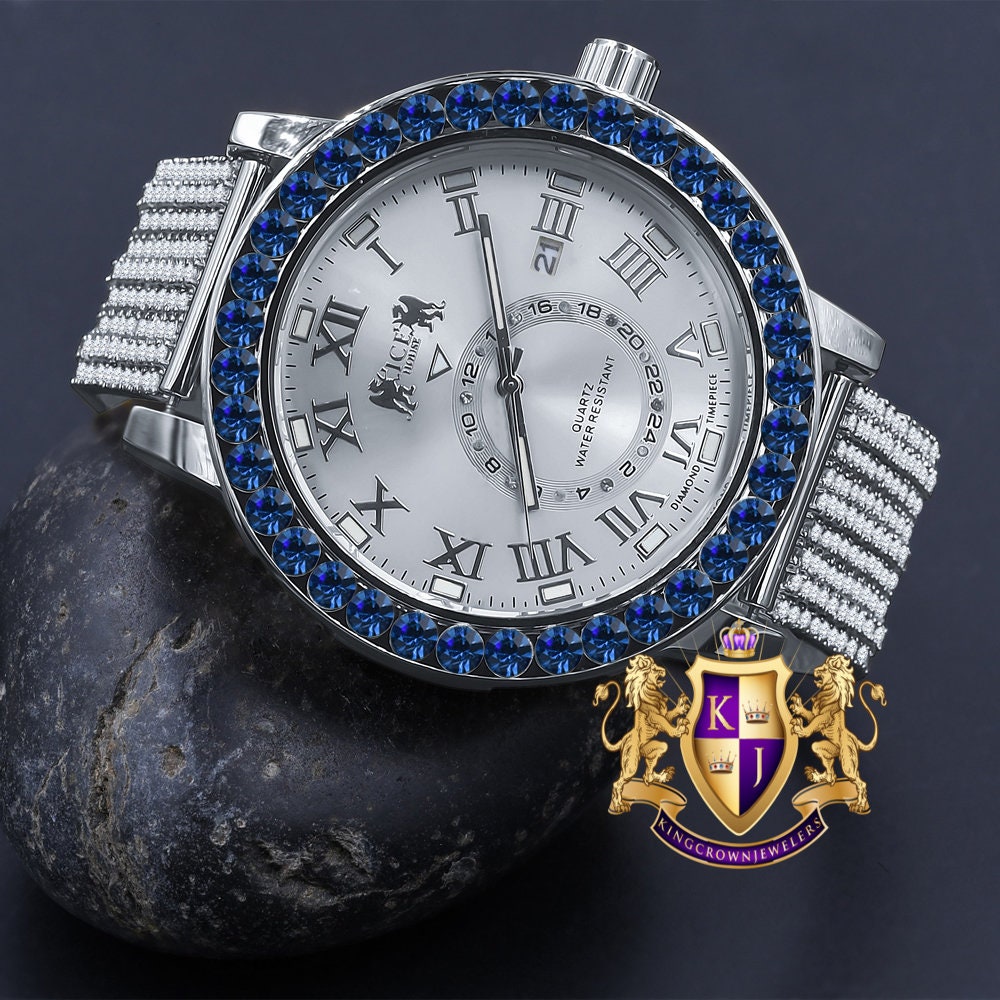 Sapphire Blue Solitaire Roman Numeral Dial 18K White Gold Finish 12 Cwt. Simulated Diamond Men's Custom Designer Luxury Watch With Date 54mm