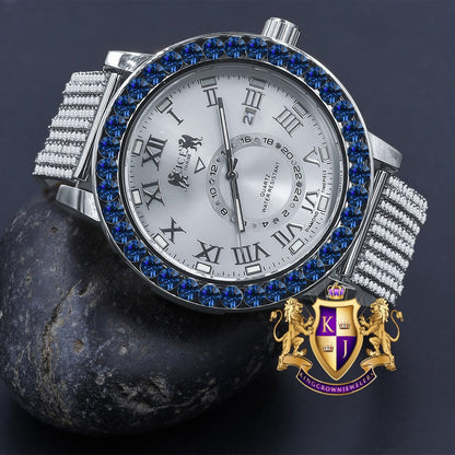 Sapphire Blue Solitaire Roman Numeral Dial 18K White Gold Finish 12 Cwt. Simulated Diamond Men's Custom Designer Luxury Watch With Date 54mm
