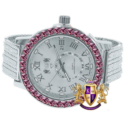 Soft Baby Pink Solitaire Roman Numeral Dial 18K White Gold Finish 12 Cwt. Simulated Diamond Men's Custom Designer Watch With Date 54mm