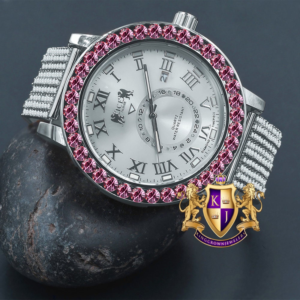 Soft Baby Pink Solitaire Roman Numeral Dial 18K White Gold Finish 12 Cwt. Simulated Diamond Men's Custom Designer Watch With Date 54mm