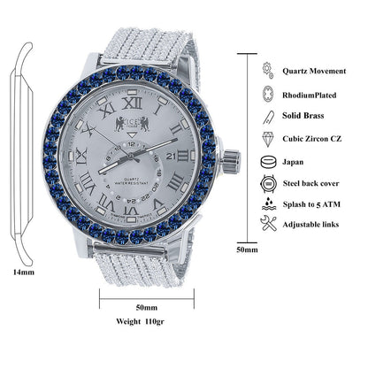 Sapphire Blue Solitaire Roman Numeral Dial 18K White Gold Finish 12 Cwt. Simulated Diamond Men's Custom Designer Luxury Watch With Date 54mm